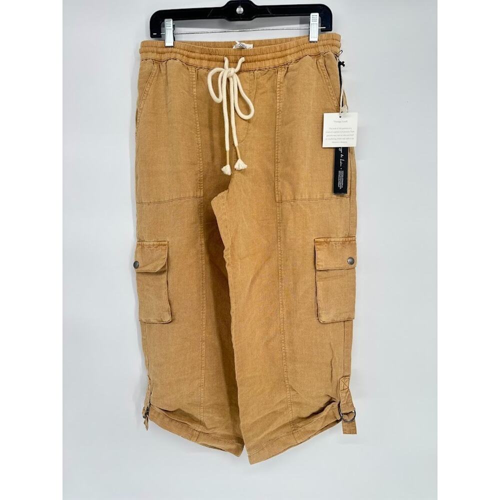 Nicole Miller Linen Pant Women L Tan Cargo‎ Crop Wide Leg Coastal Gorpcore Beach